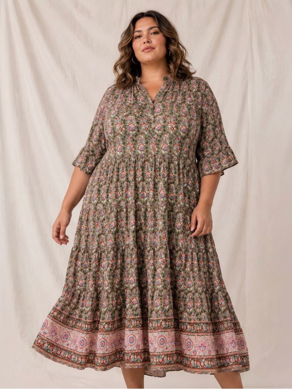 NATURAL LIFE Olive-Toned Floral Tiered Midi Dress with Pink Border